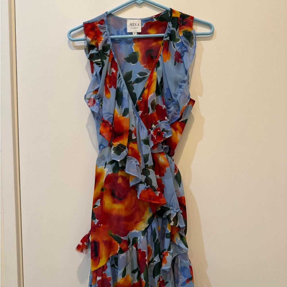Floral Ruffle Wrap Dress Blue and Red Size Medium Misa Los Angeles